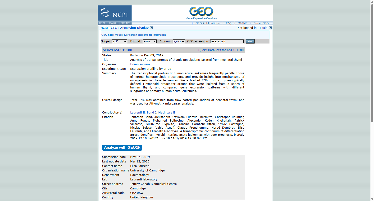 GEO Autoimmune Adrenalitis (Addison's Disease Model) Mice Transcriptome Dataset (GSE131180)