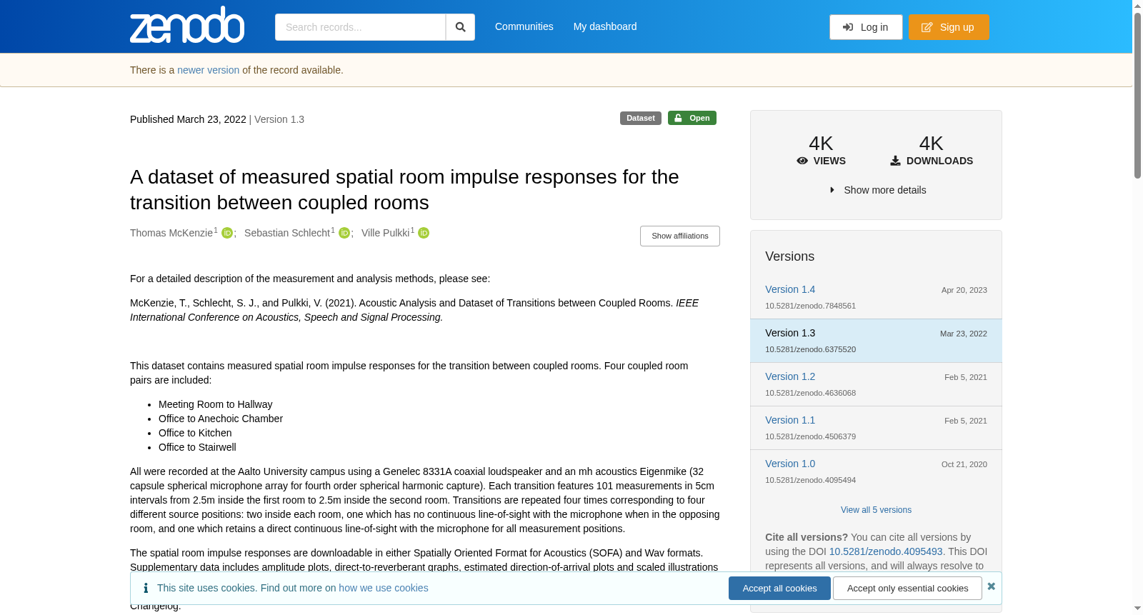 A dataset of measured spatial room impulse responses for the transition between coupled rooms 数据集图片