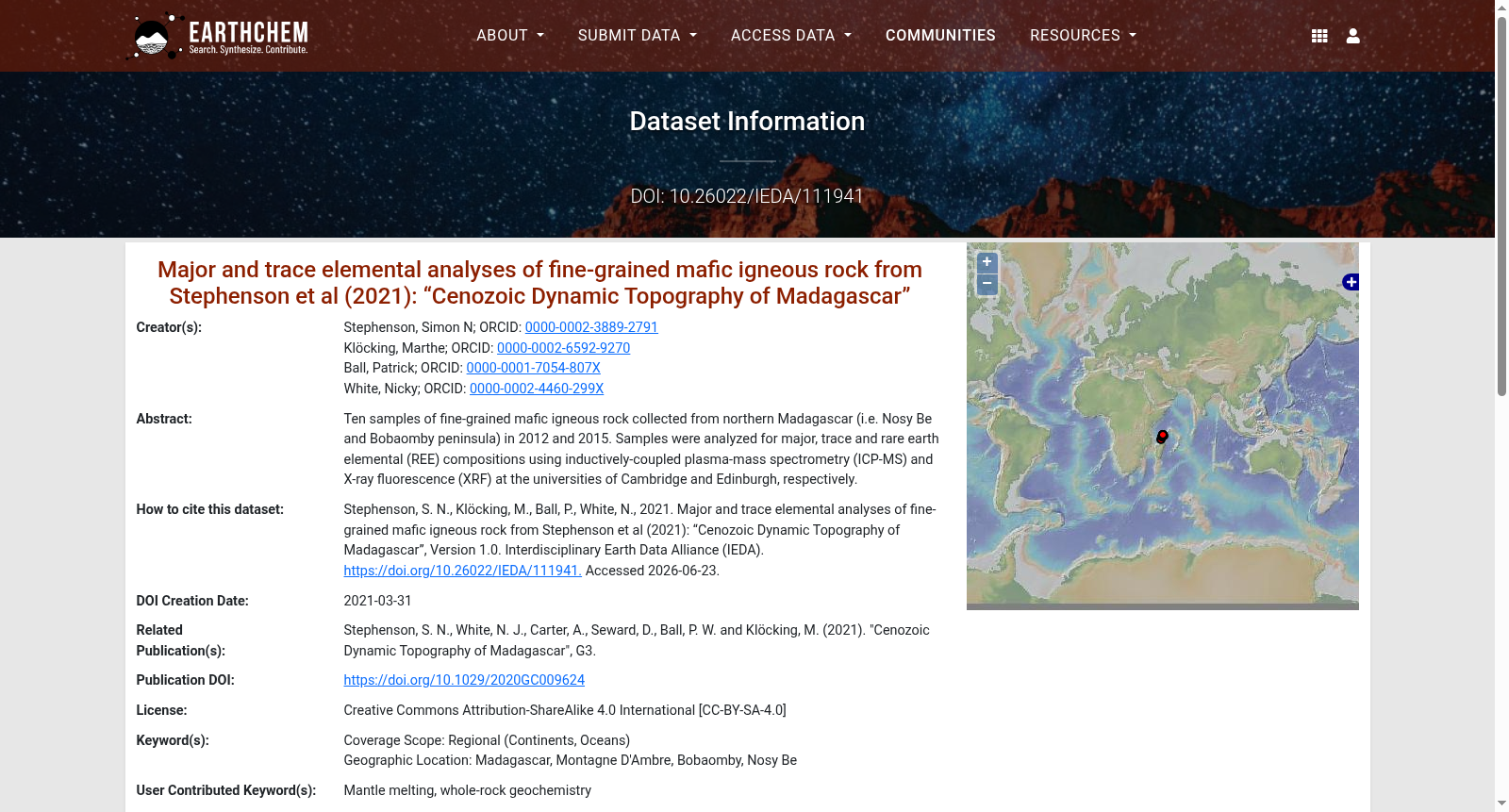Major and trace elemental analyses of fine-grained mafic igneous rock from Stephenson et al (2021): “Cenozoic Dynamic Topography of Madagascar” 数据集图片