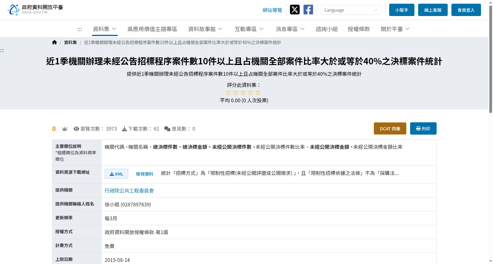 近1季機關辦理未經公告招標程序案件數10件以上且占機關全部案件比率大於或等於40%之決標案件統計 数据集图片