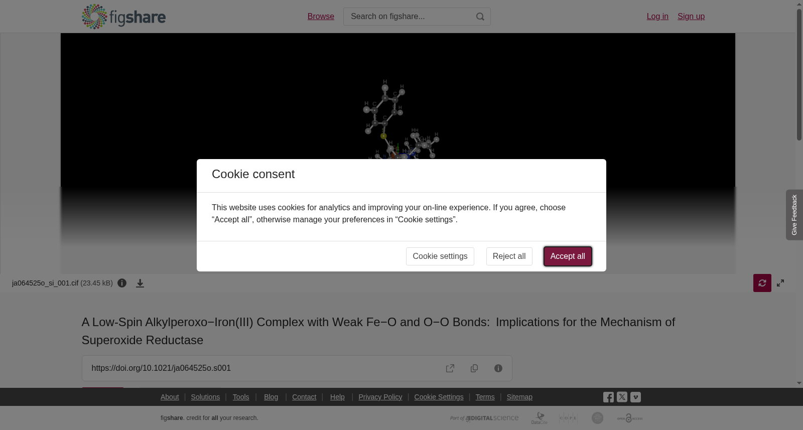 A Low-Spin Alkylperoxo−Iron(III) Complex with Weak Fe−O and O−O Bonds: Implications for the Mechanism of Superoxide Reductase 数据集图片