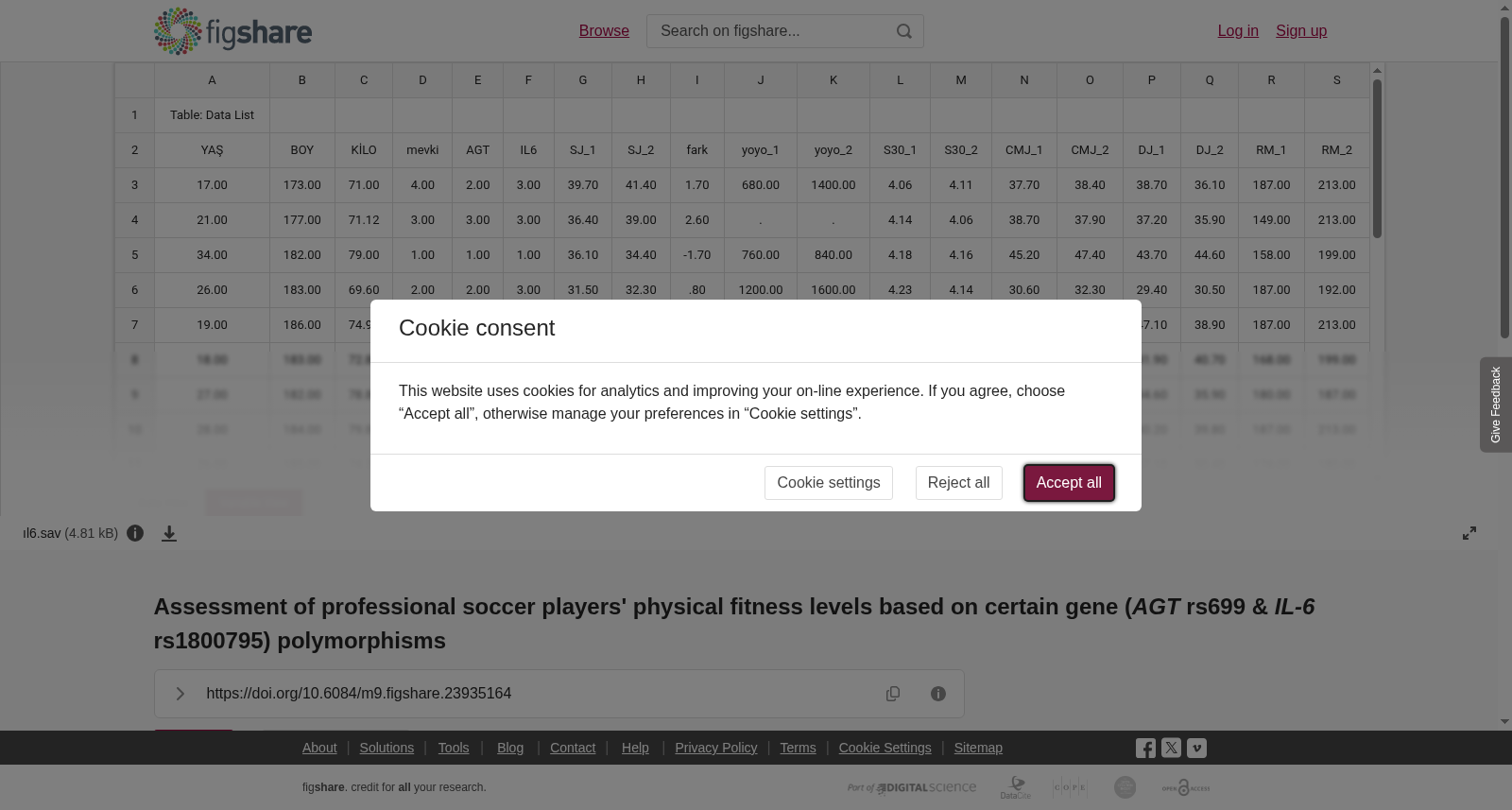 <b>Assessment of professional soccer players' physical fitness levels based on certain gene (</b><i><b>AGT</b></i><b> rs699 & </b><i><b>IL-6</b></i><b> rs1800795) polymorphisms</b> 数据集图片
