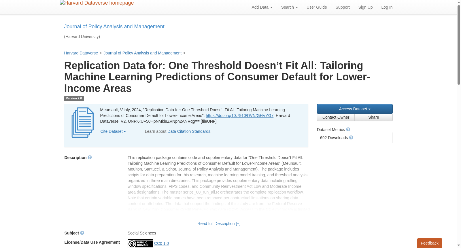 Replication Data for: One Threshold Doesn’t Fit All: Tailoring Machine Learning Predictions of Consumer Default for Lower-Income Areas 数据集图片
