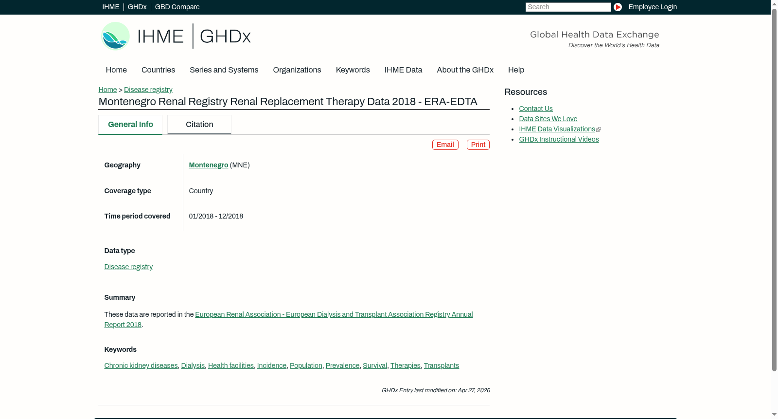 Montenegro Renal Registry Renal Replacement Therapy Data 2018 - ERA-EDTA 数据集图片