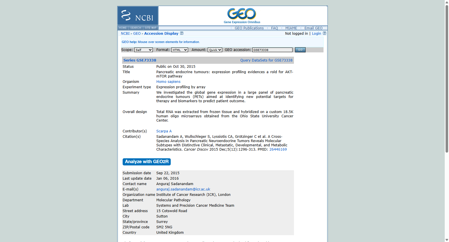 GSE73338 Pancreatic endocrine tumours expression profiling dataset