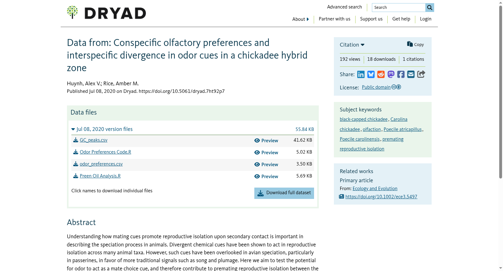 Data from: Conspecific olfactory preferences and interspecific divergence in odor cues in a chickadee hybrid zone 数据集图片