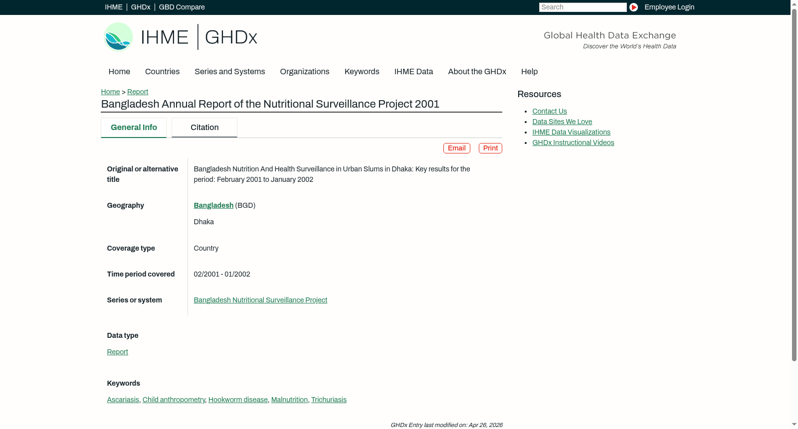 Bangladesh Annual Report of the Nutritional Surveillance Project 2001 数据集图片
