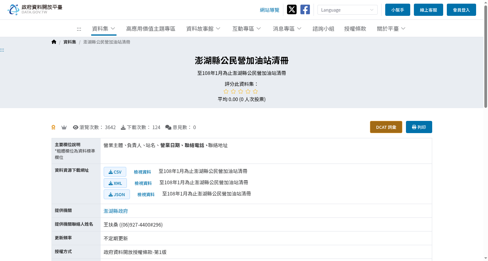 澎湖縣公民營加油站清冊 数据集图片