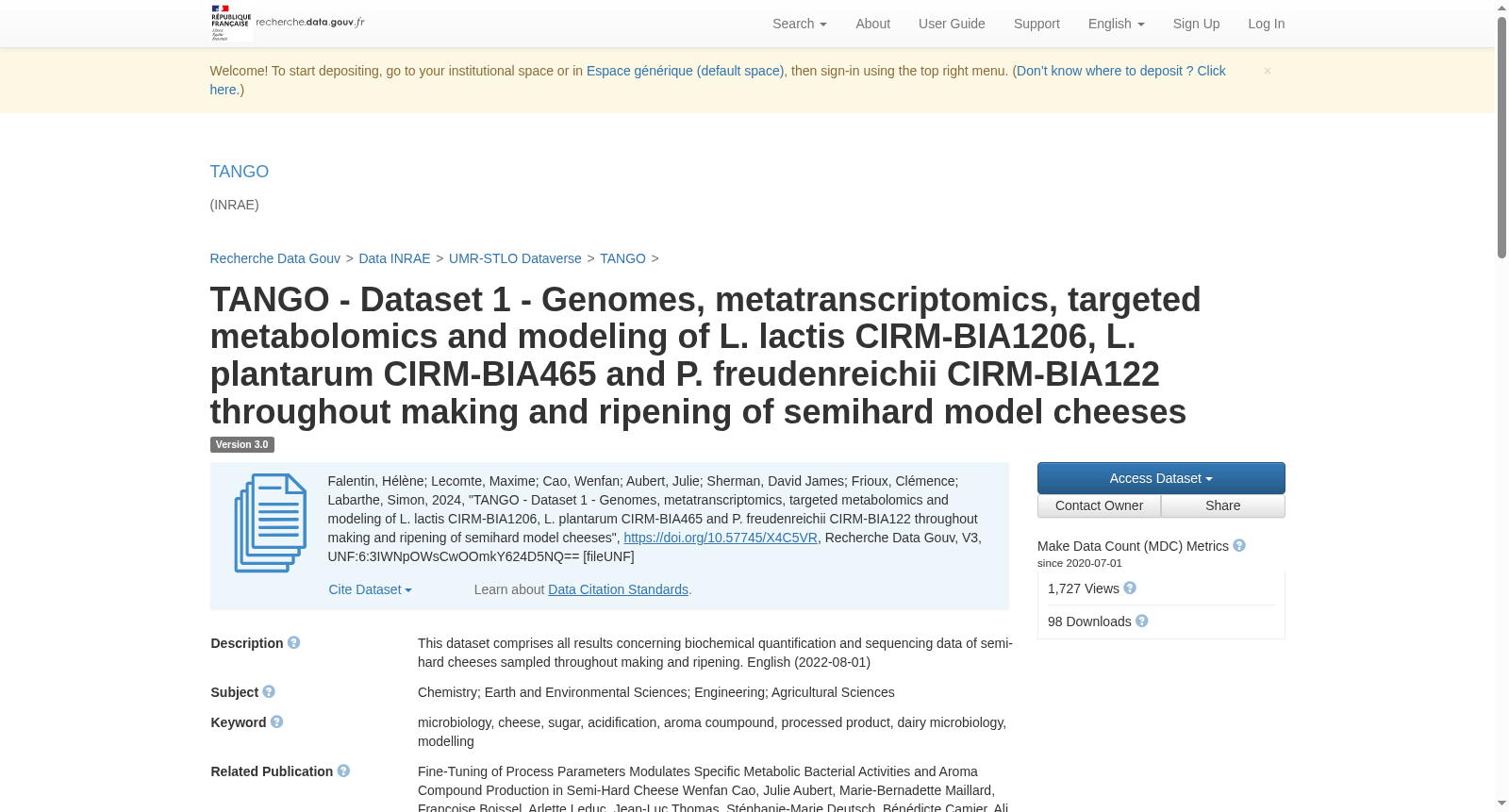 TANGO - Dataset 1 - Genomes, metatranscriptomics, targeted metabolomics and modeling of L. lactis CIRM-BIA1206, L. plantarum CIRM-BIA465 and P. freudenreichii CIRM-BIA122 throughout making and ripening of semihard model cheeses 数据集图片