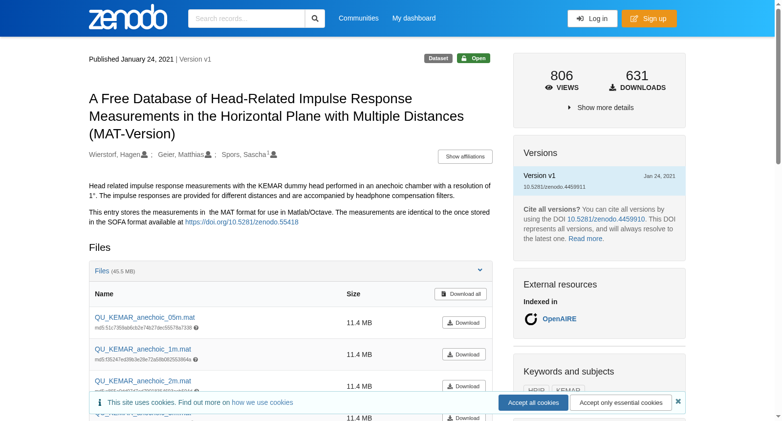 A Free Database of Head-Related Impulse Response Measurements in the Horizontal Plane with Multiple Distances (MAT-Version) 数据集图片