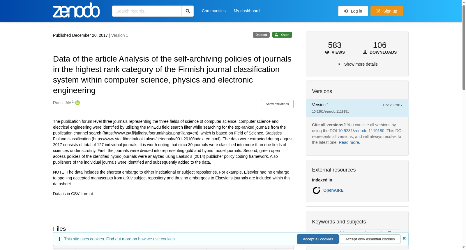 Data of the article Analysis of the self-archiving policies of journals in the highest rank category of the Finnish journal classification system within computer science, physics and electronic engineering 数据集图片