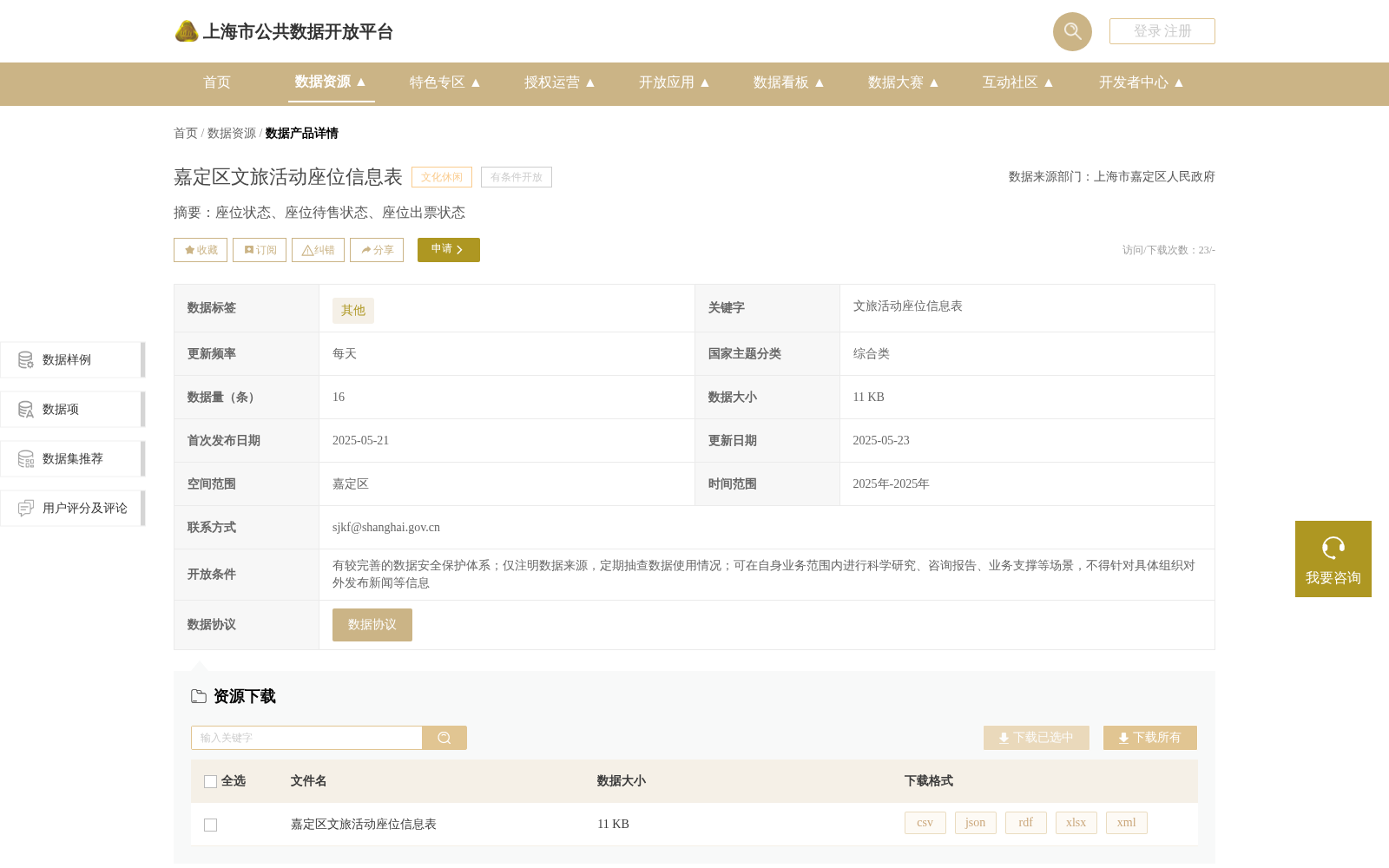 嘉定区文旅活动座位信息表 数据集图片