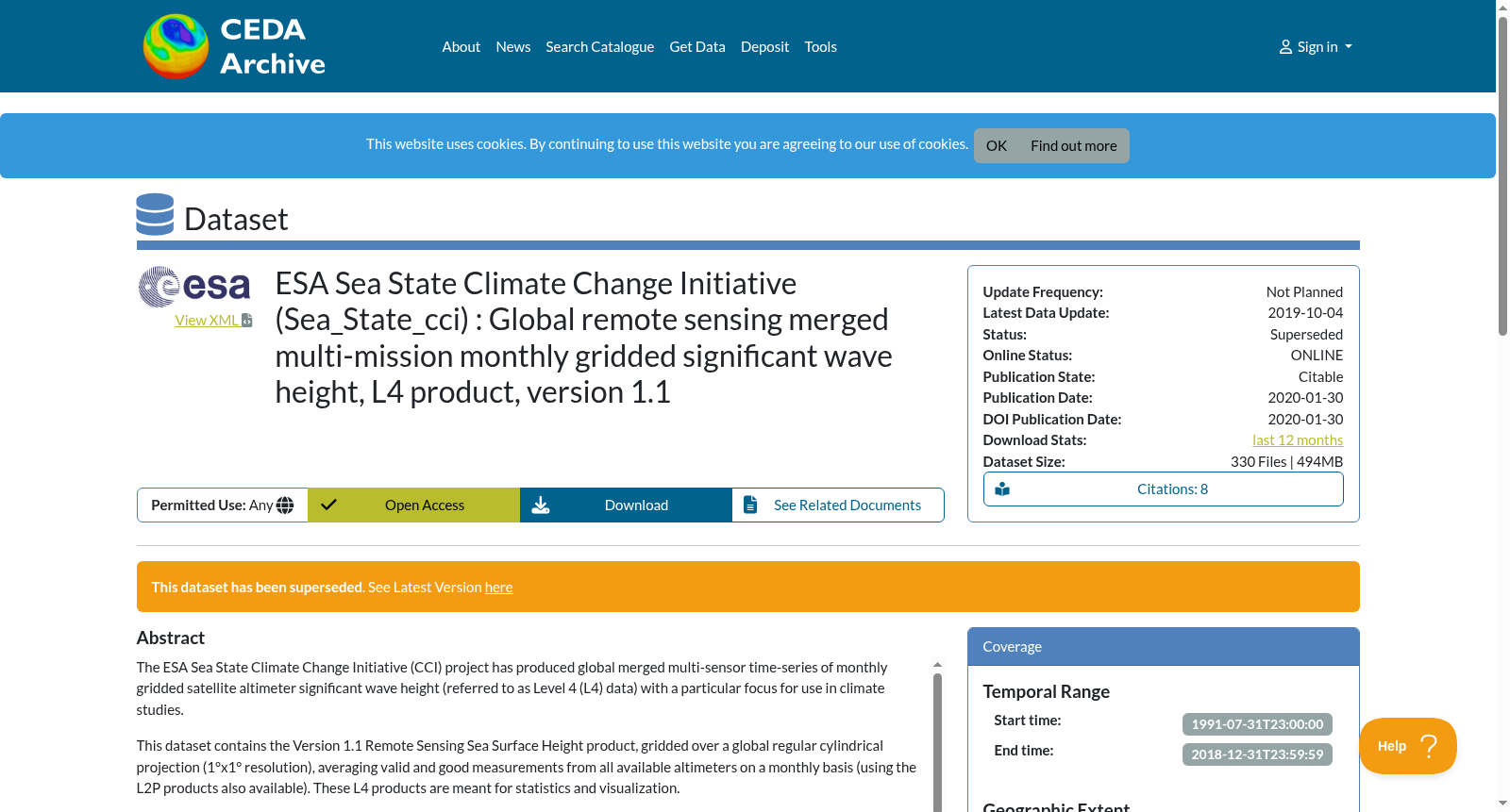 ESA Sea State Climate Change Initiative (Sea_State_cci) : Global remote sensing merged multi-mission monthly gridded significant wave height, L4 product, version 1.1 数据集图片