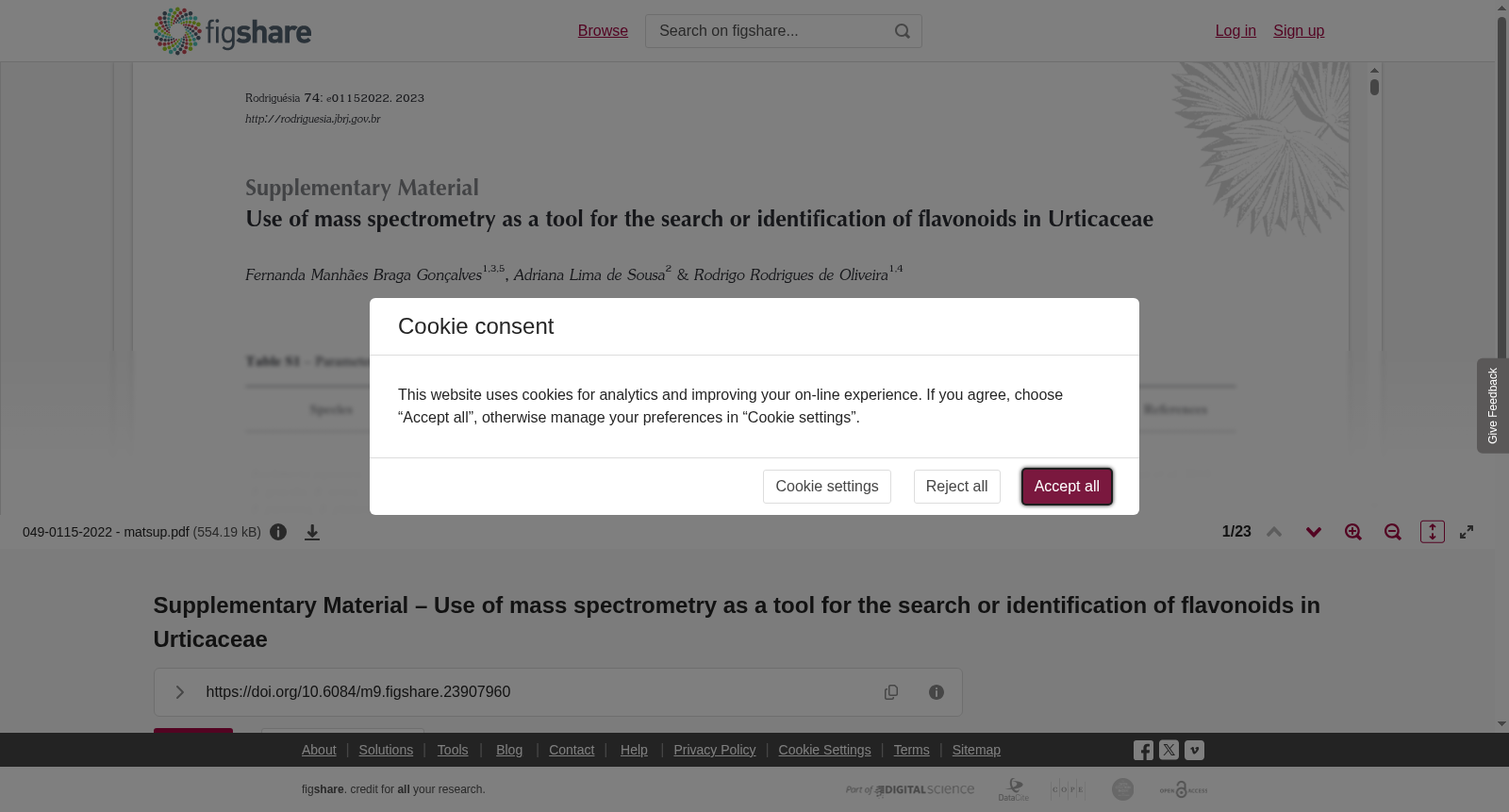 <b>Supplementary Material – </b><b>Use of mass spectrometry as a tool for the search or identification of flavonoids in Urticaceae</b> 数据集图片