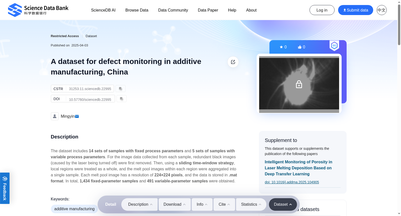 A dataset for defect monitoring in additive manufacturing, China 数据集图片