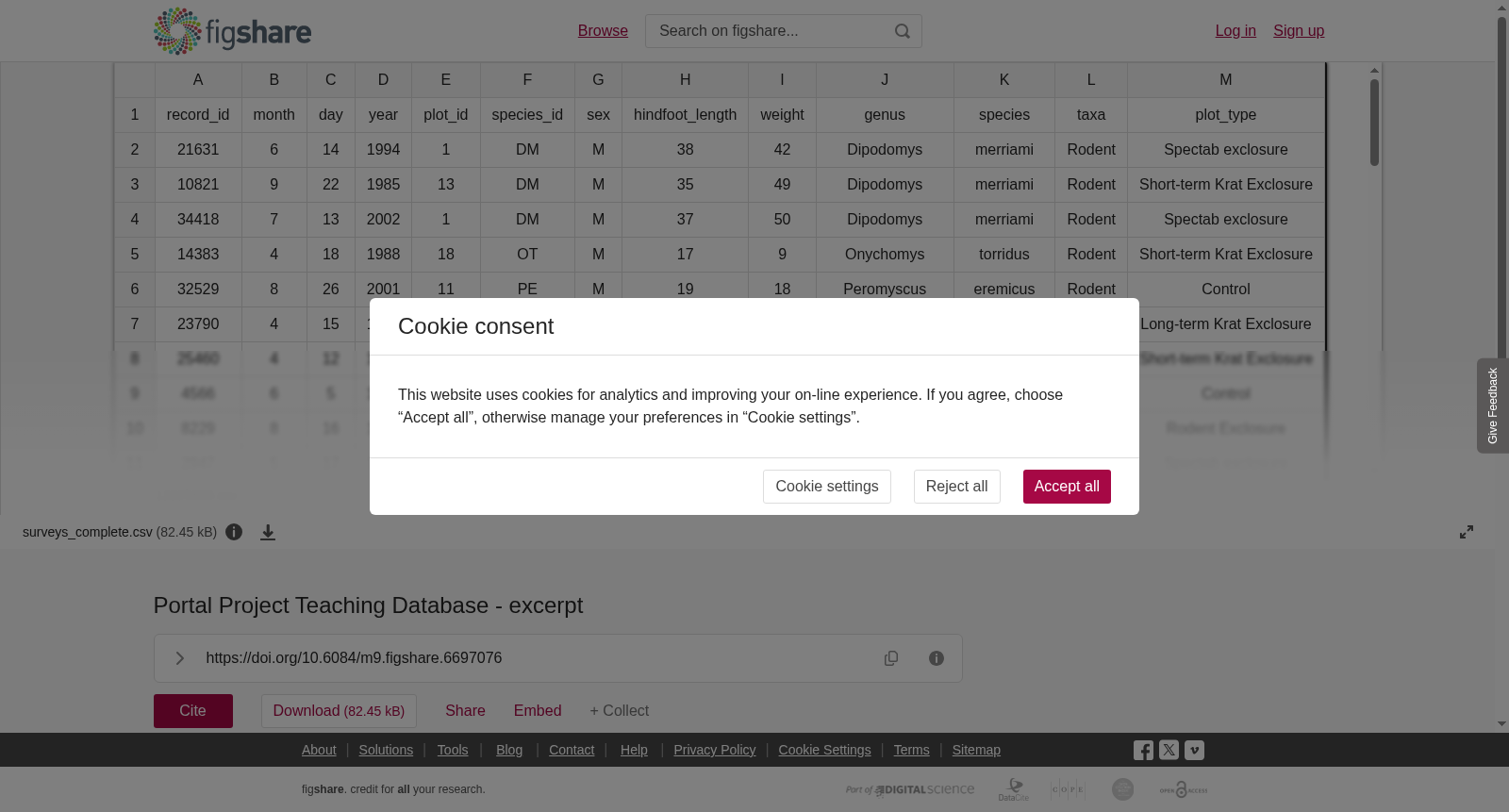 Portal Project Teaching Database - excerpt 数据集图片