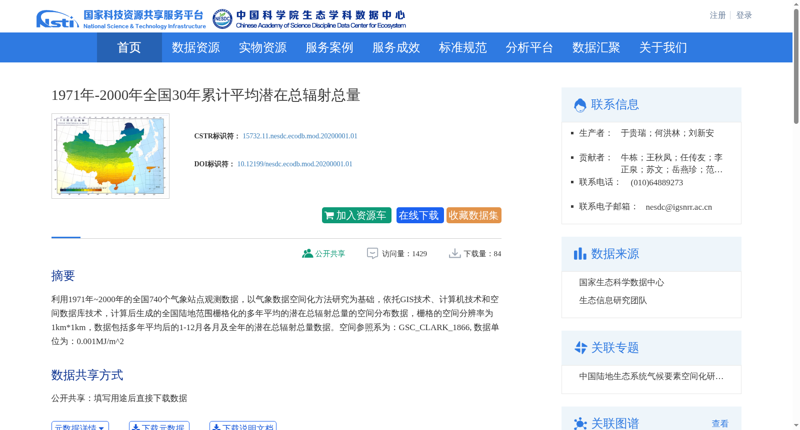 1971年-2000年全国30年累计平均潜在总辐射总量 数据集图片