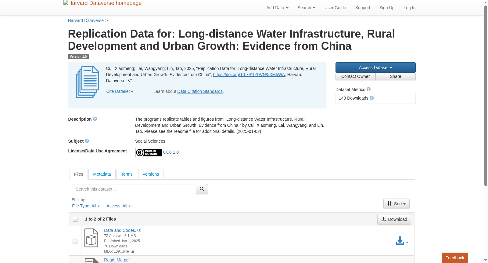 Replication Data for: Long-distance Water Infrastructure, Rural Development and Urban Growth: Evidence from China 数据集图片