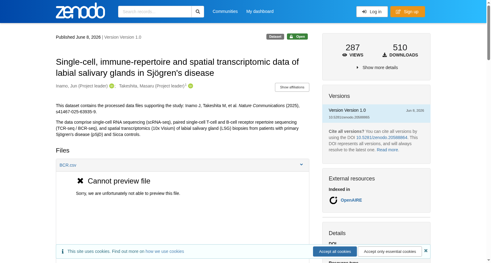 Single-cell, immune-repertoire and spatial transcriptomic data of labial salivary glands in Sjögren's disease 数据集图片