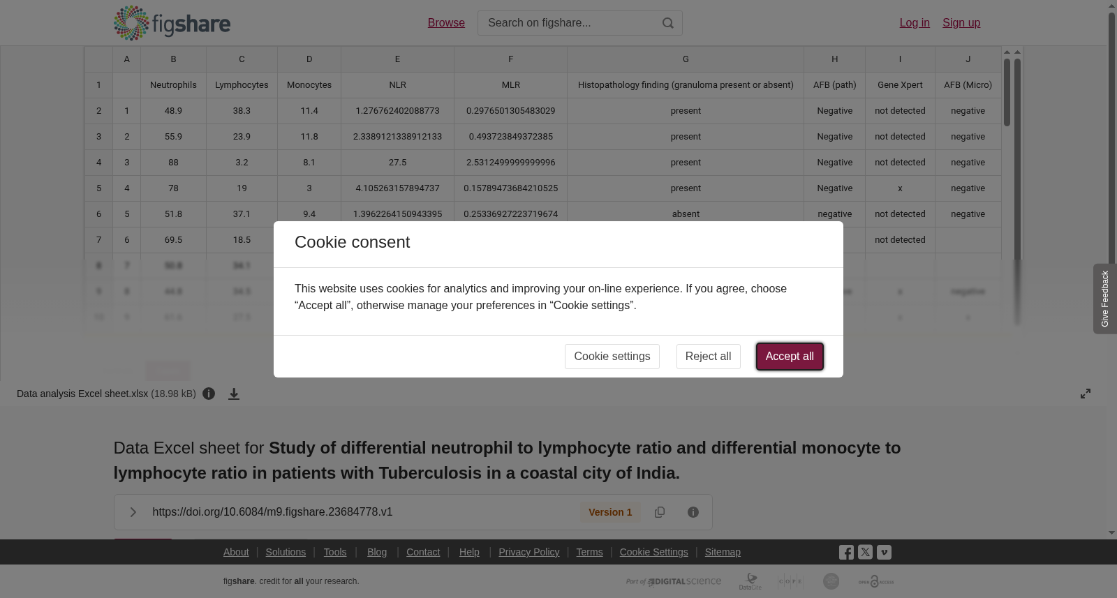 Data Excel sheet for <strong>Study of differential neutrophil to lymphocyte ratio and differential monocyte to lymphocyte ratio in patients with Tuberculosis in a coastal city of India.</strong> 数据集图片