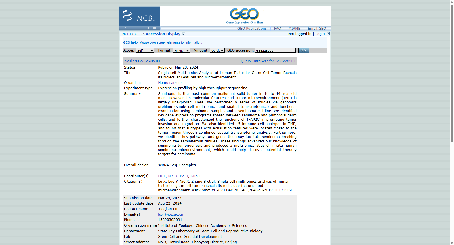 GSE228501 Single-cell Multi-omics Analysis of Human Testicular Germ Cell Tumor