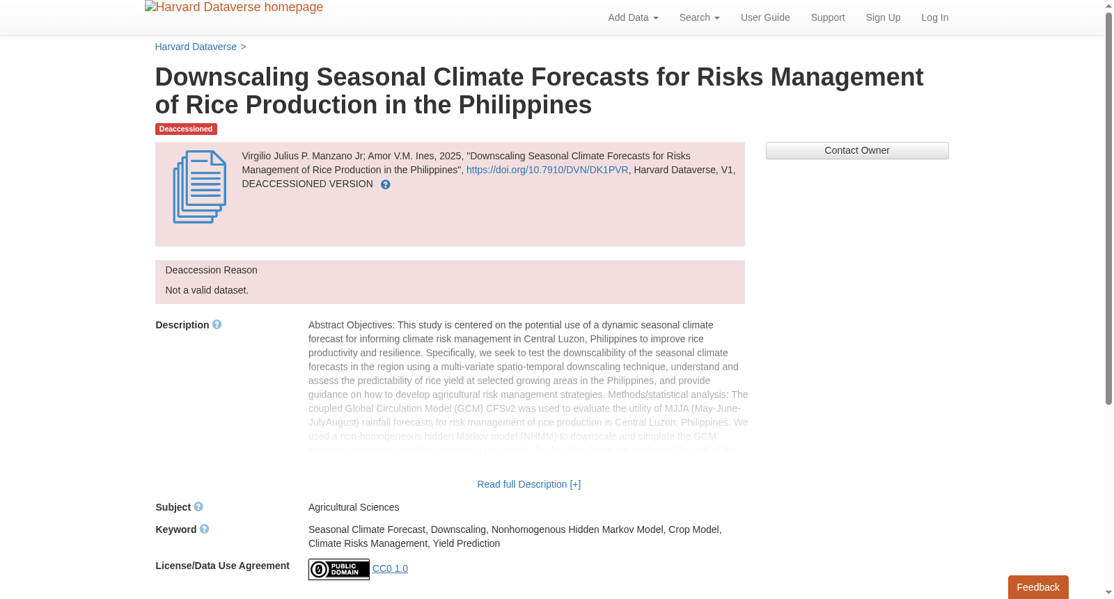 Downscaling Seasonal Climate Forecasts for Risks Management of Rice Production in the Philippines 数据集图片