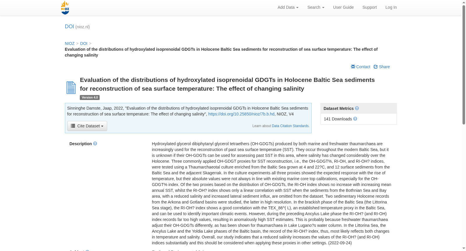 Evaluation of the distributions of hydroxylated isoprenoidal GDGTs in Holocene Baltic Sea sediments for reconstruction of sea surface temperature: The effect of changing salinity 数据集图片