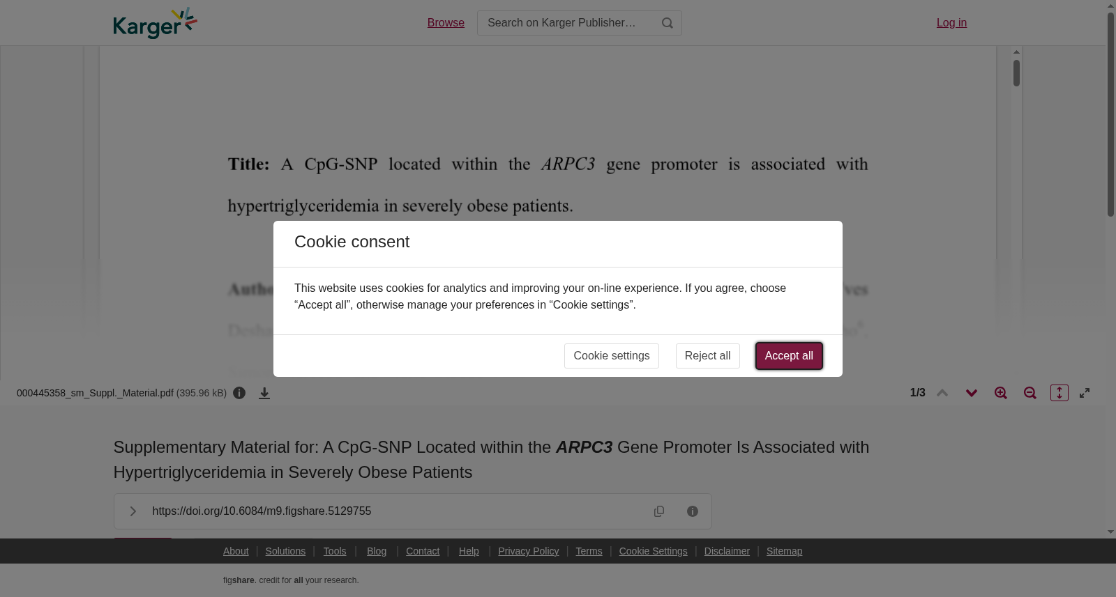Supplementary Material for: A CpG-SNP Located within the <b><i>ARPC3</i></b> Gene Promoter Is Associated with Hypertriglyceridemia in Severely Obese Patients 数据集图片