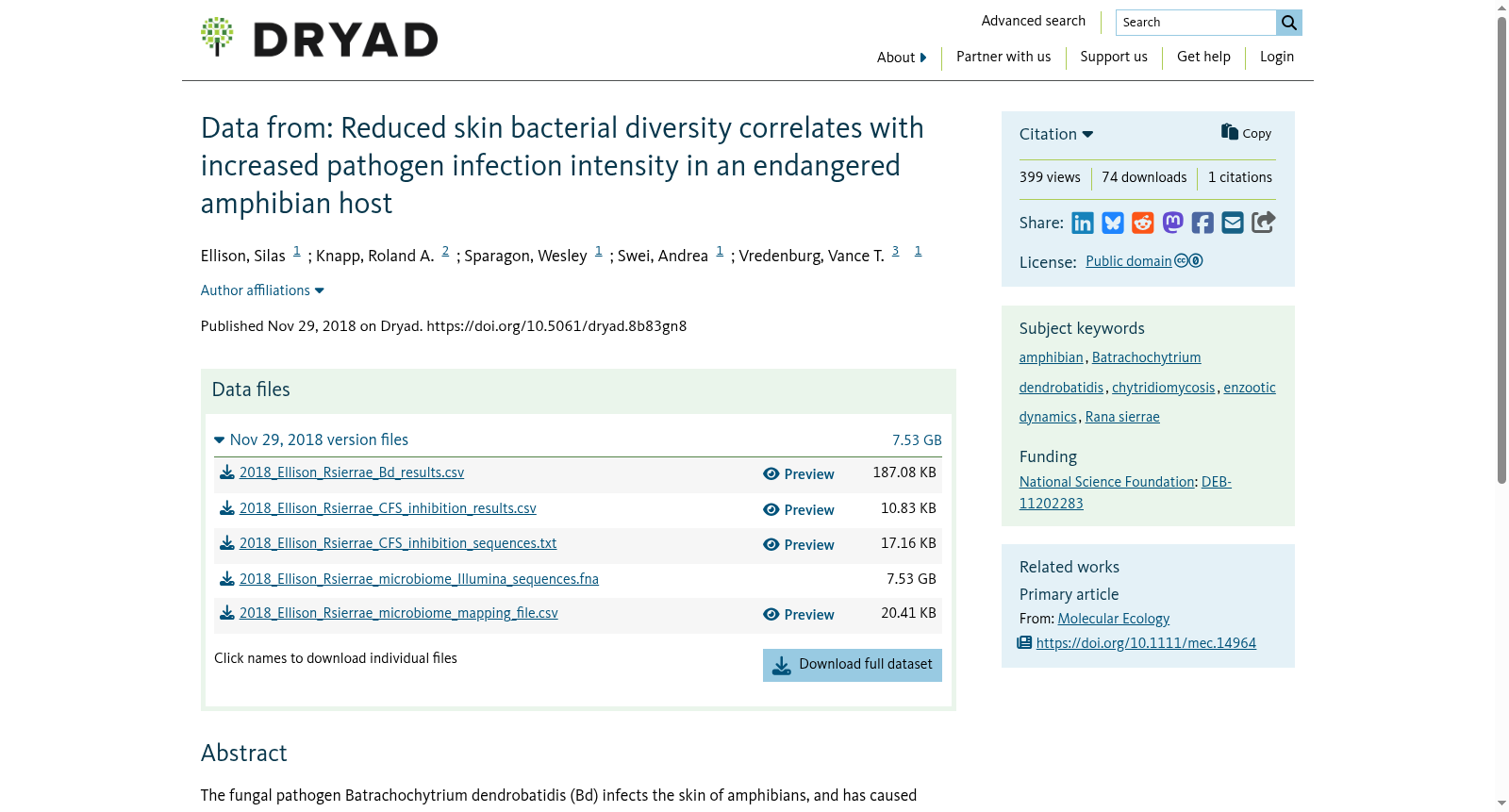 Data from: Reduced skin bacterial diversity correlates with increased pathogen infection intensity in an endangered amphibian host 数据集图片