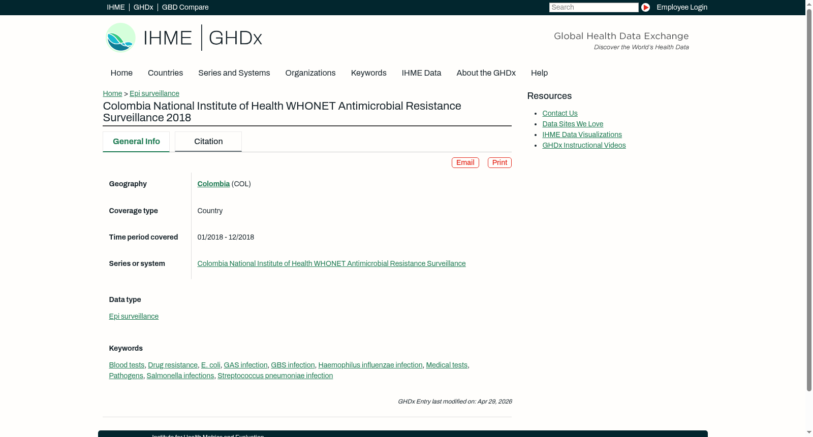 Colombia National Institute of Health WHONET Antimicrobial Resistance Surveillance 2018 数据集图片