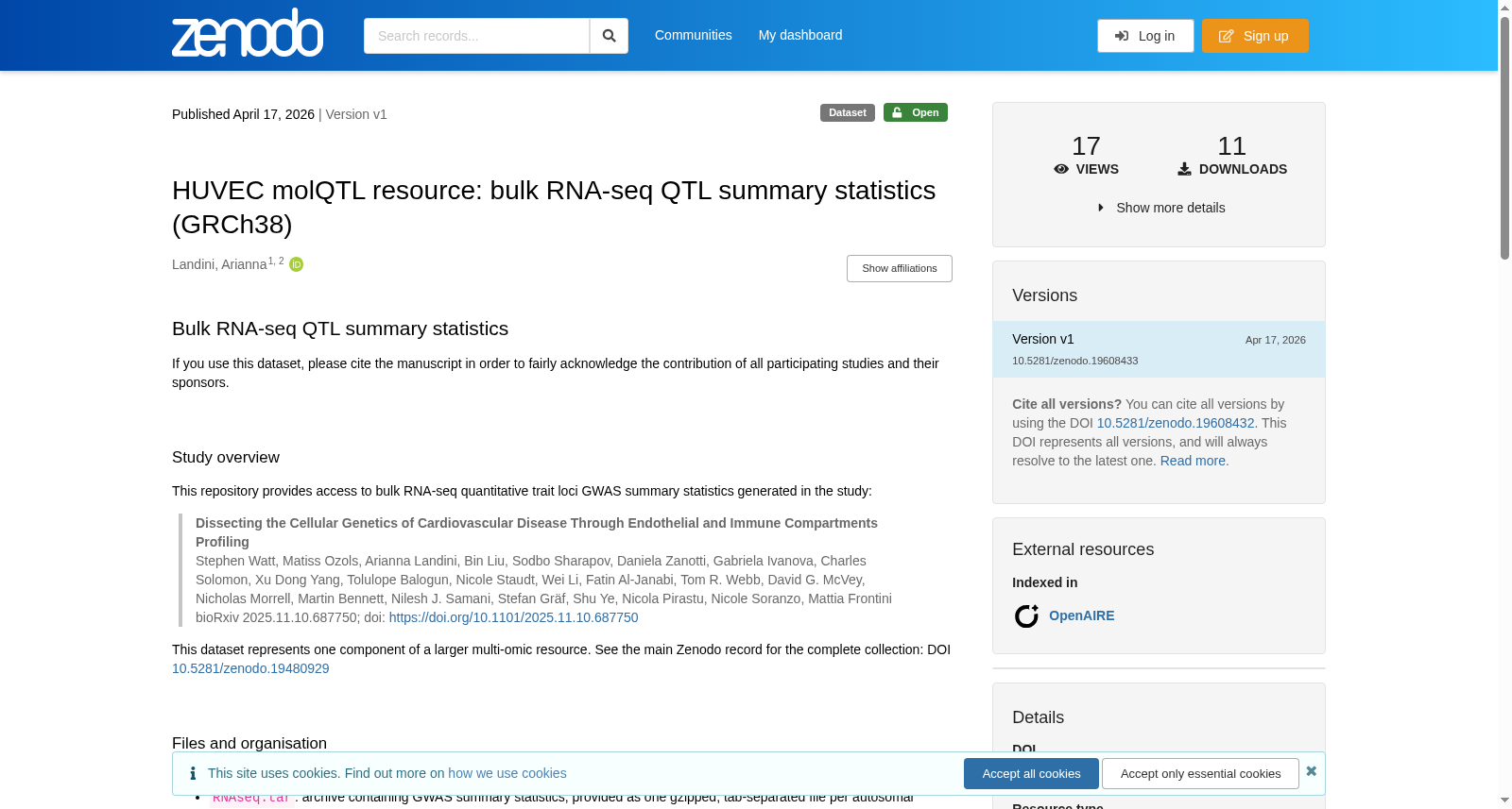 HUVEC molQTL resource: bulk RNA-seq QTL summary statistics (GRCh38) 数据集图片