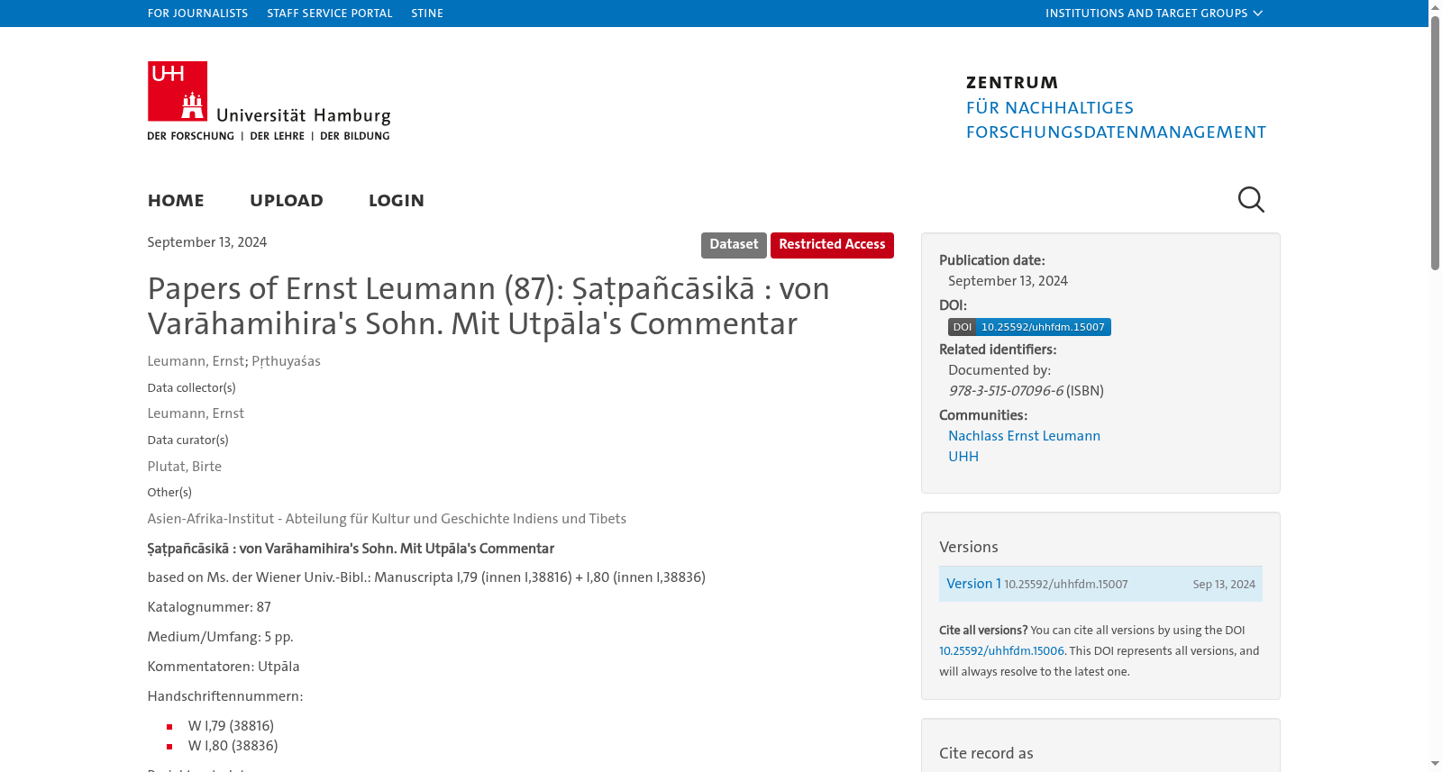 Papers of Ernst Leumann (87): Ṣaṭpañcāsikā : von Varāhamihira's Sohn. Mit Utpāla's Commentar 数据集图片