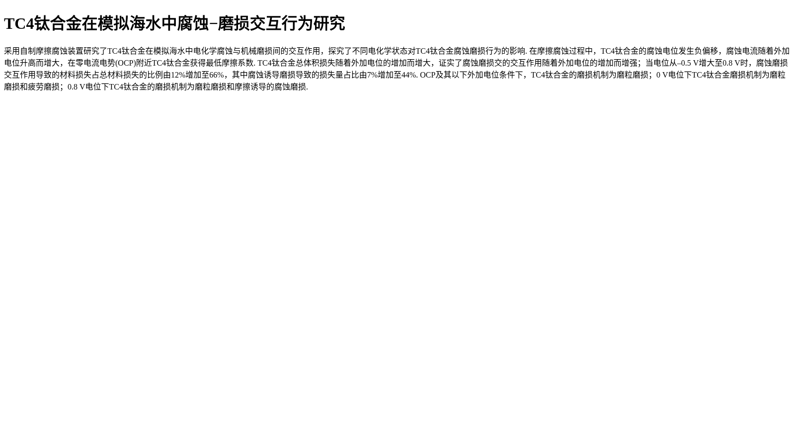 TC4钛合金在模拟海水中腐蚀−磨损交互行为研究 数据集图片