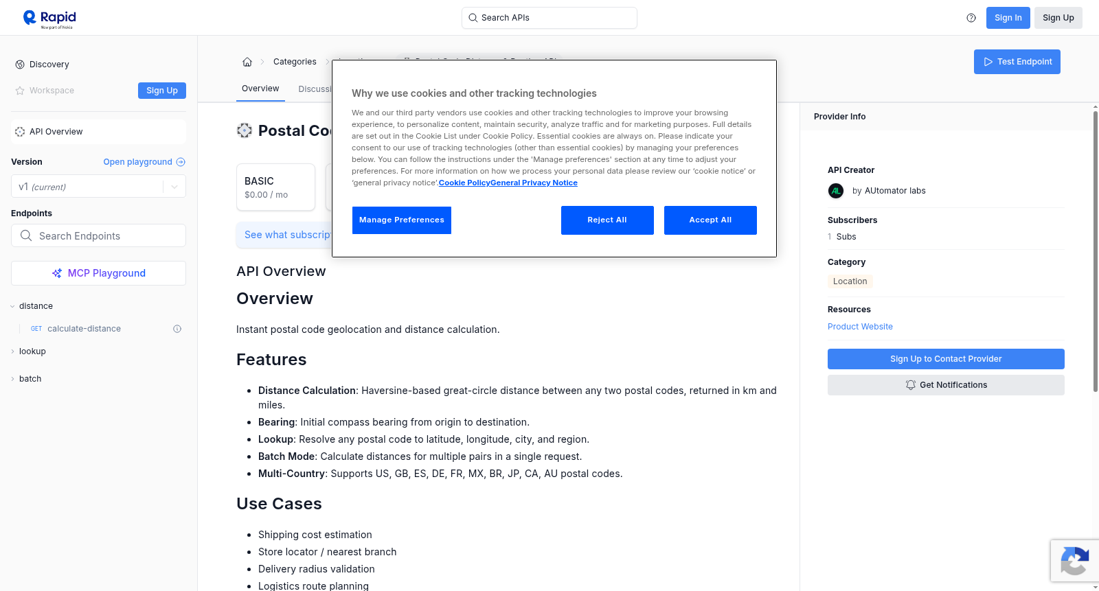 Postal Code Distance & Routing API 数据集图片