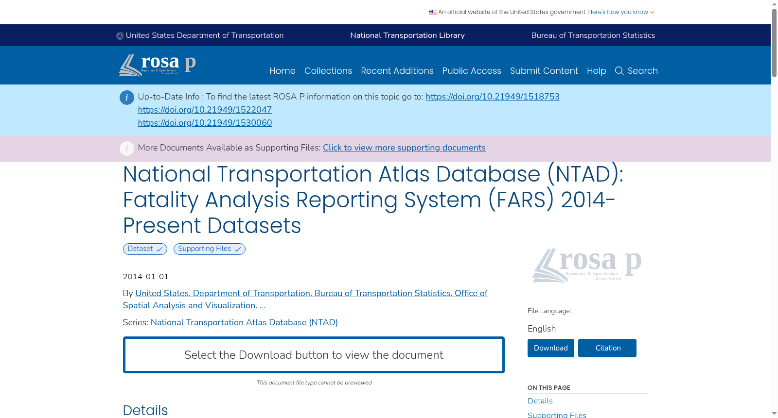 National Transportation Atlas Database (NTAD): Fatality Analysis Reporting System (FARS) 2014-Present Datasets 数据集图片