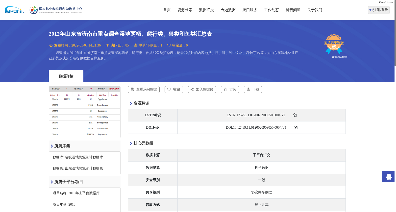 2012年山东省济南市重点调查湿地两栖、爬行类、兽类和鱼类汇总表 数据集图片