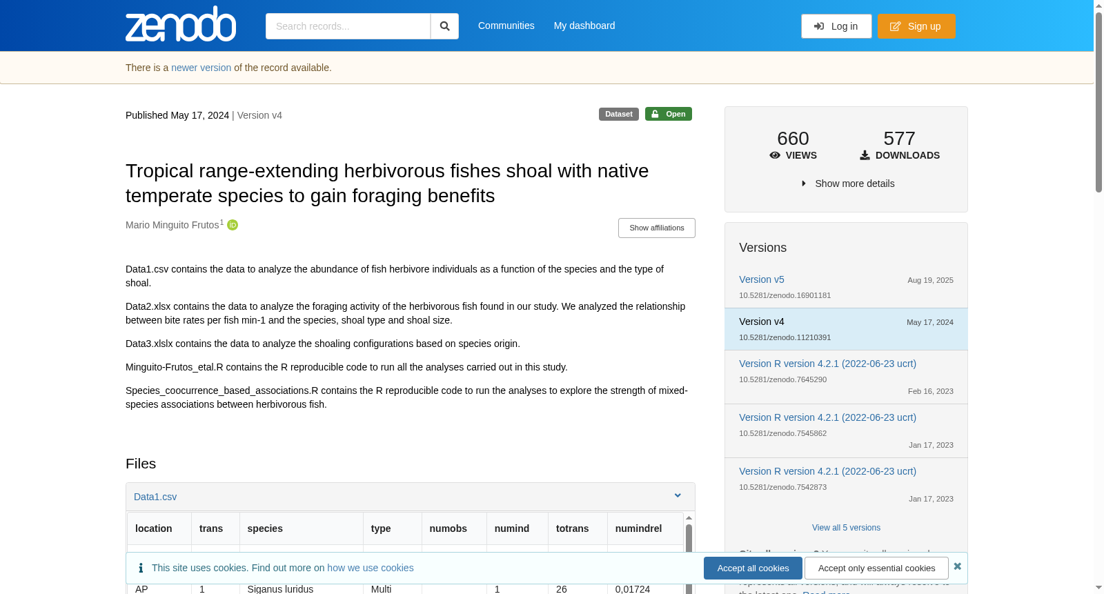 Tropical range-extending herbivorous fishes shoal with native temperate species to gain foraging benefits 数据集图片
