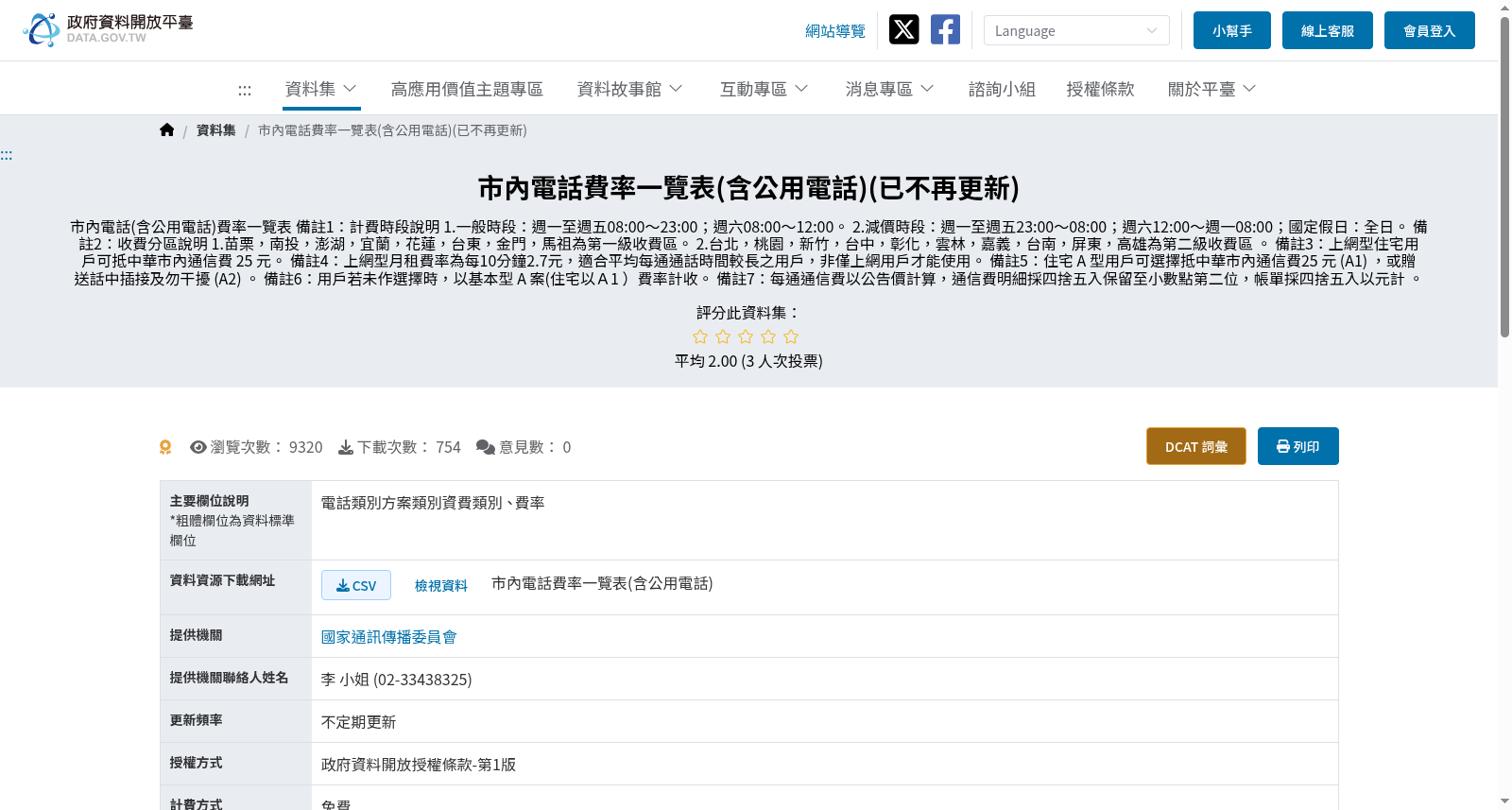 市內電話費率一覽表(含公用電話)(已不再更新) 数据集图片