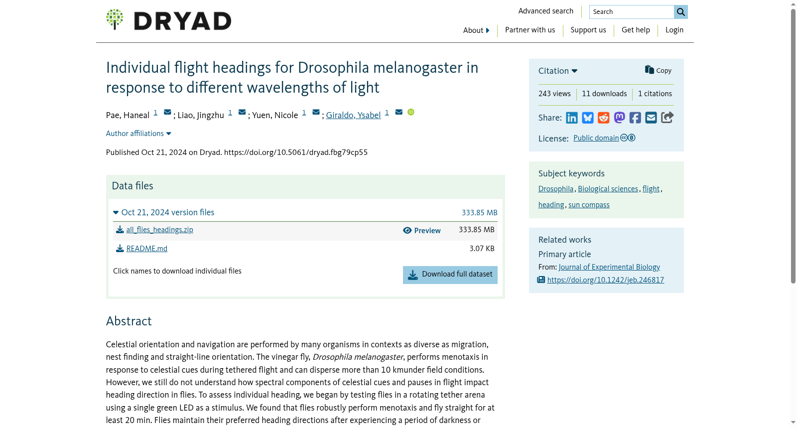 Individual flight headings for Drosophila melanogaster in response to different wavelengths of light 数据集图片