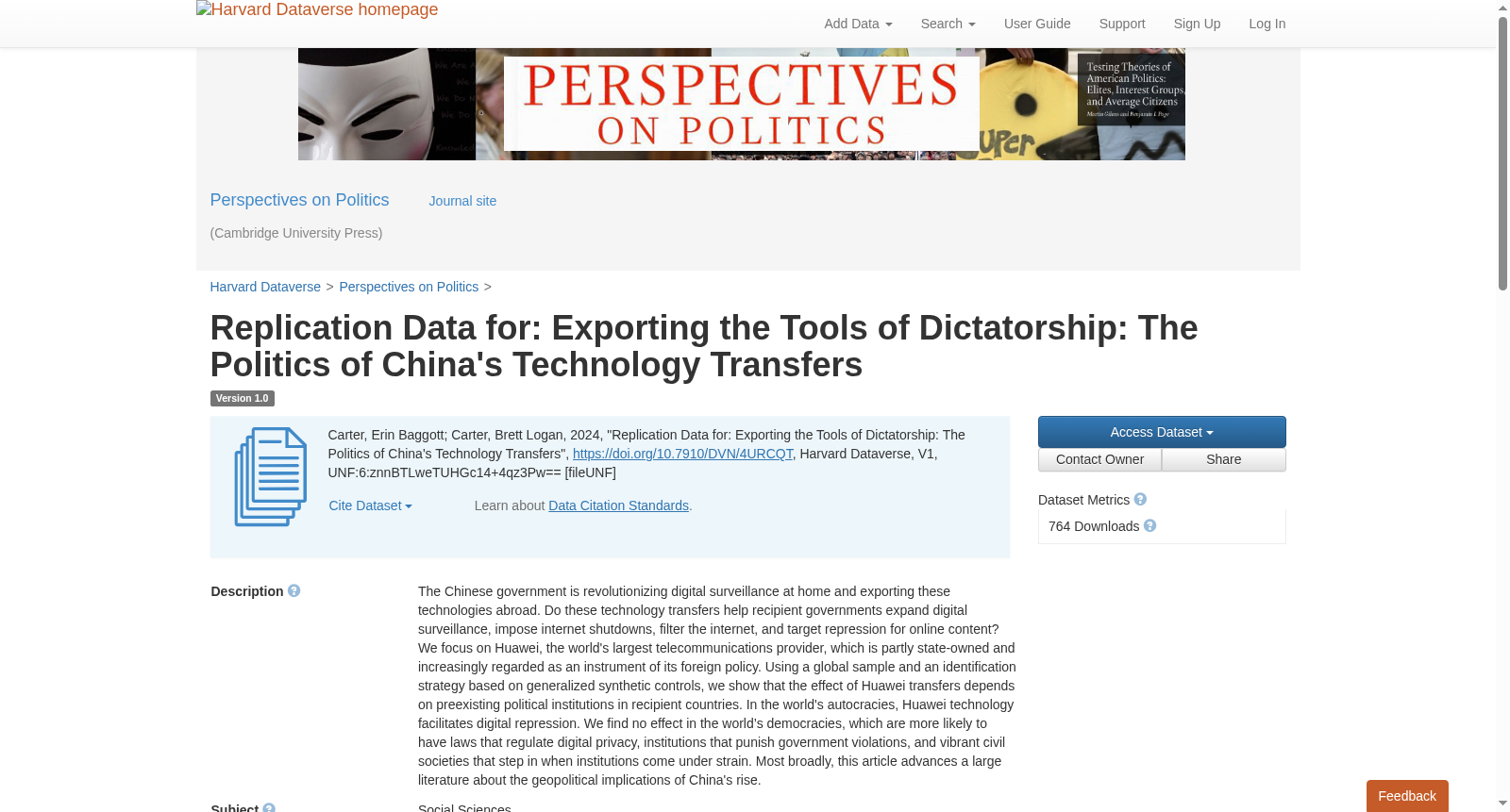 Replication Data for: Exporting the Tools of Dictatorship: The Politics of China's Technology Transfers 数据集图片