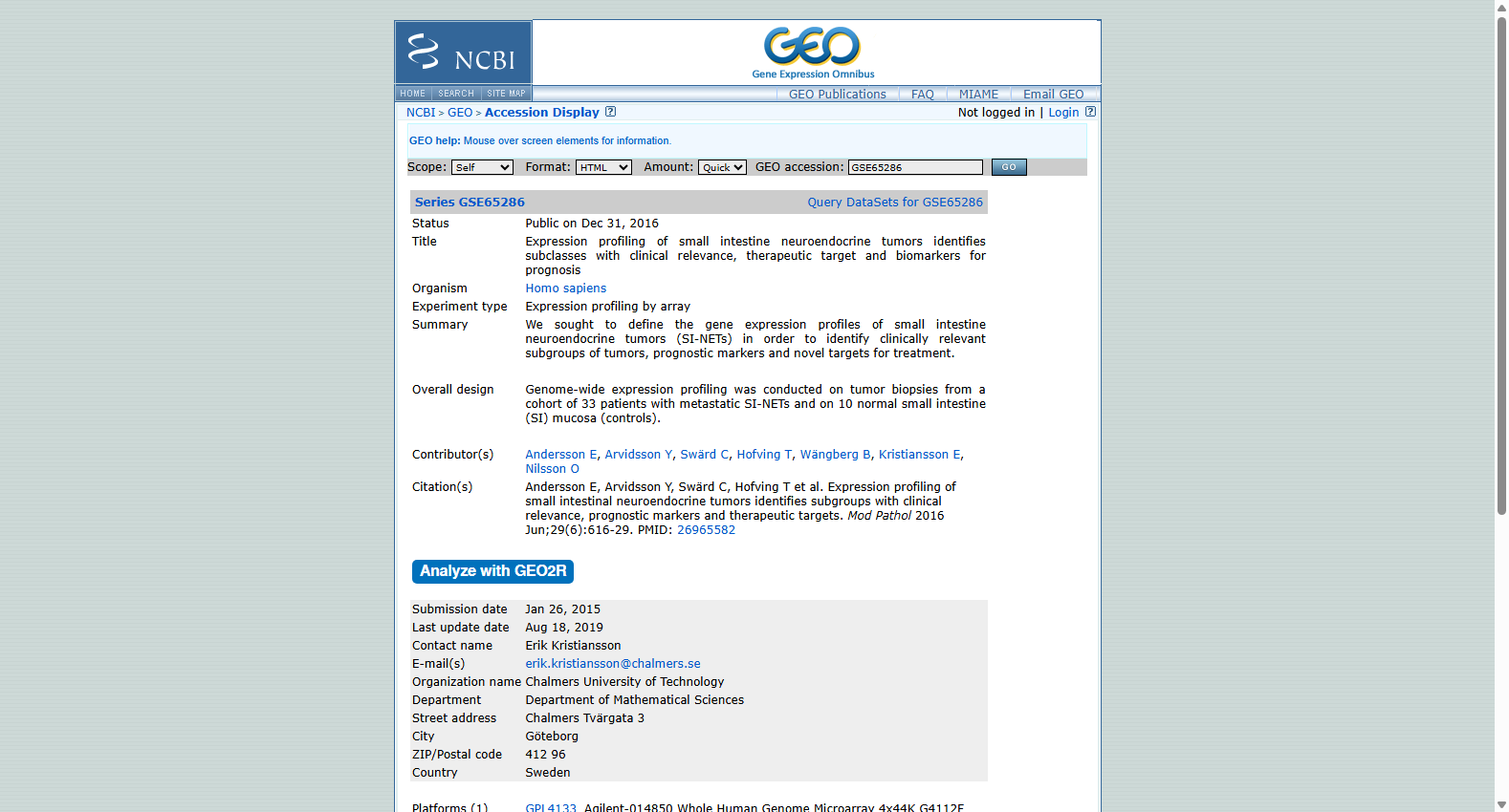 GSE65286 Small intestinal neuroendocrine tumors