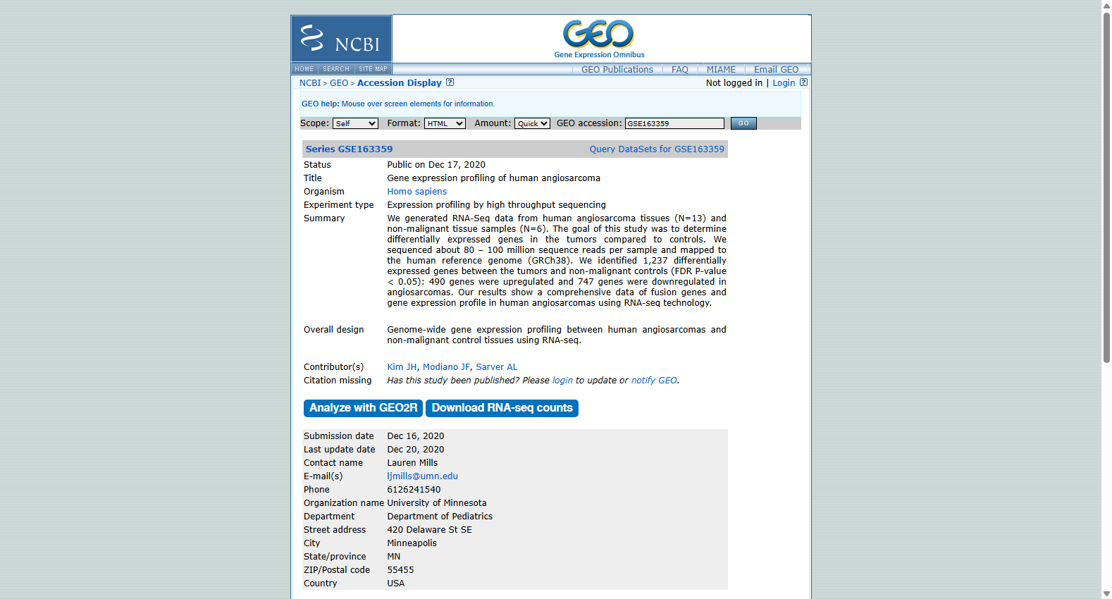 GSE163359 Gene expression profiling of human angiosarcoma