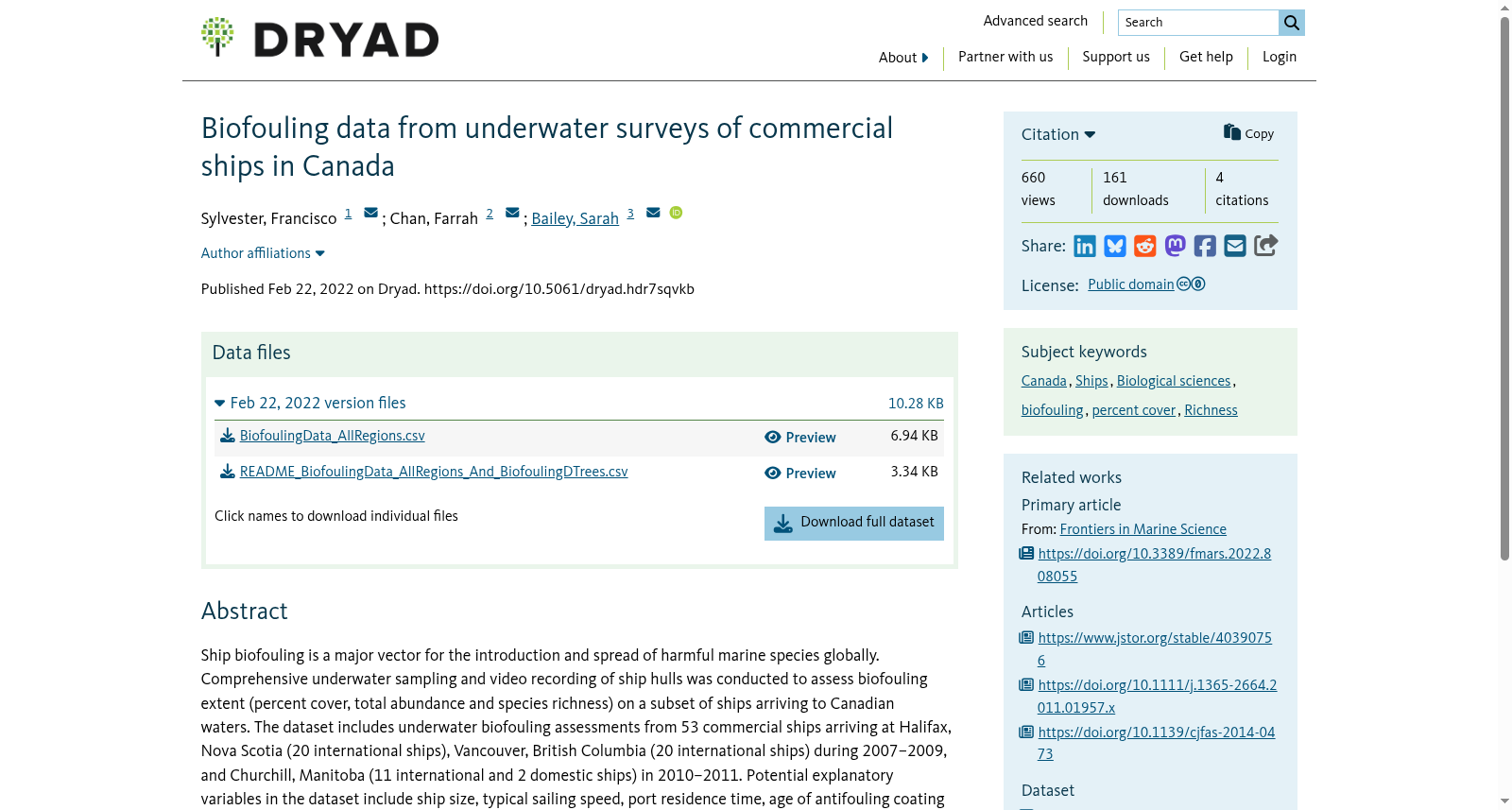 Biofouling data from underwater surveys of commercial ships in Canada 数据集图片