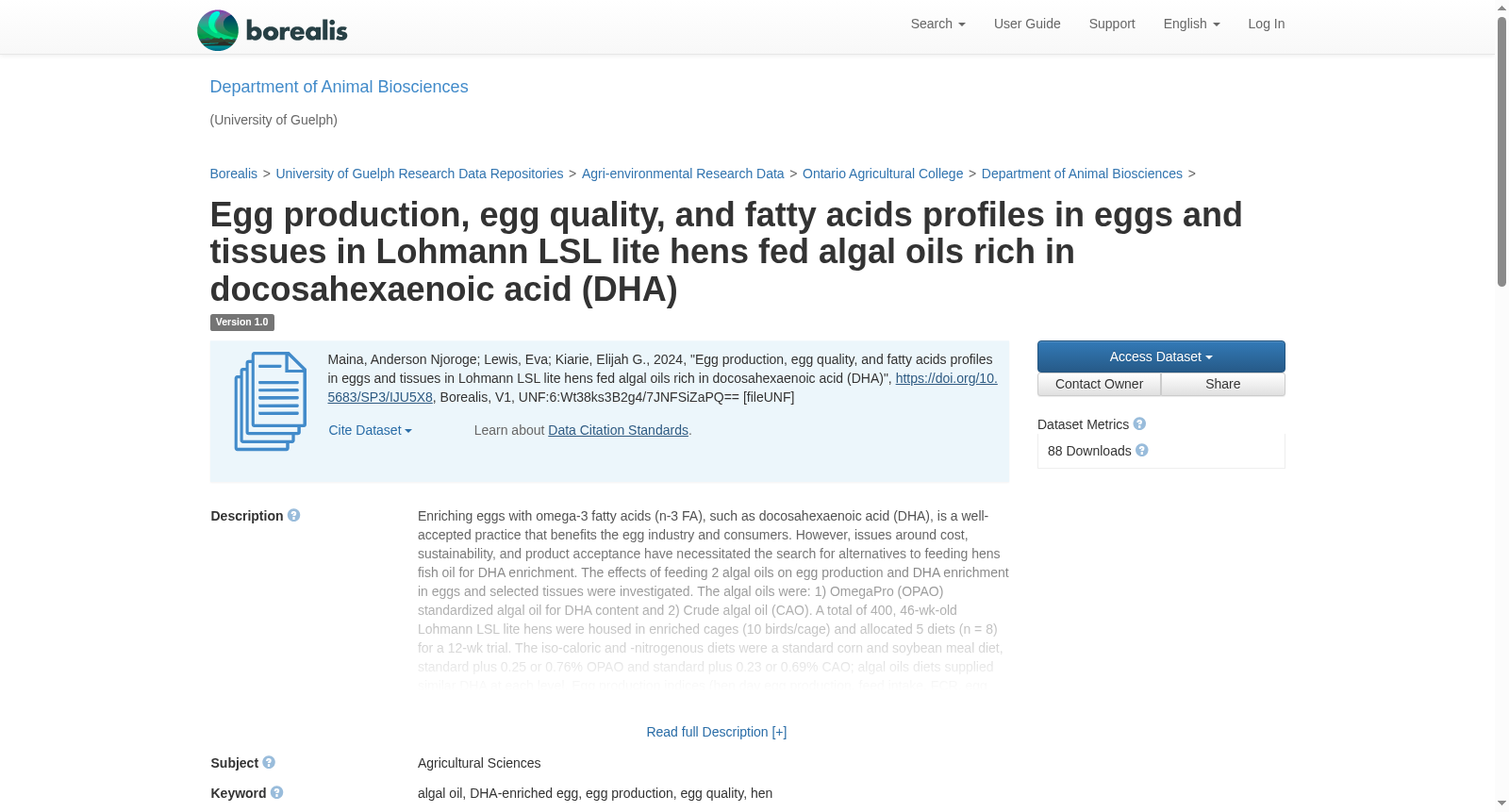 Egg production, egg quality, and fatty acids profiles in eggs and tissues in Lohmann LSL lite hens fed algal oils rich in docosahexaenoic acid (DHA) 数据集图片