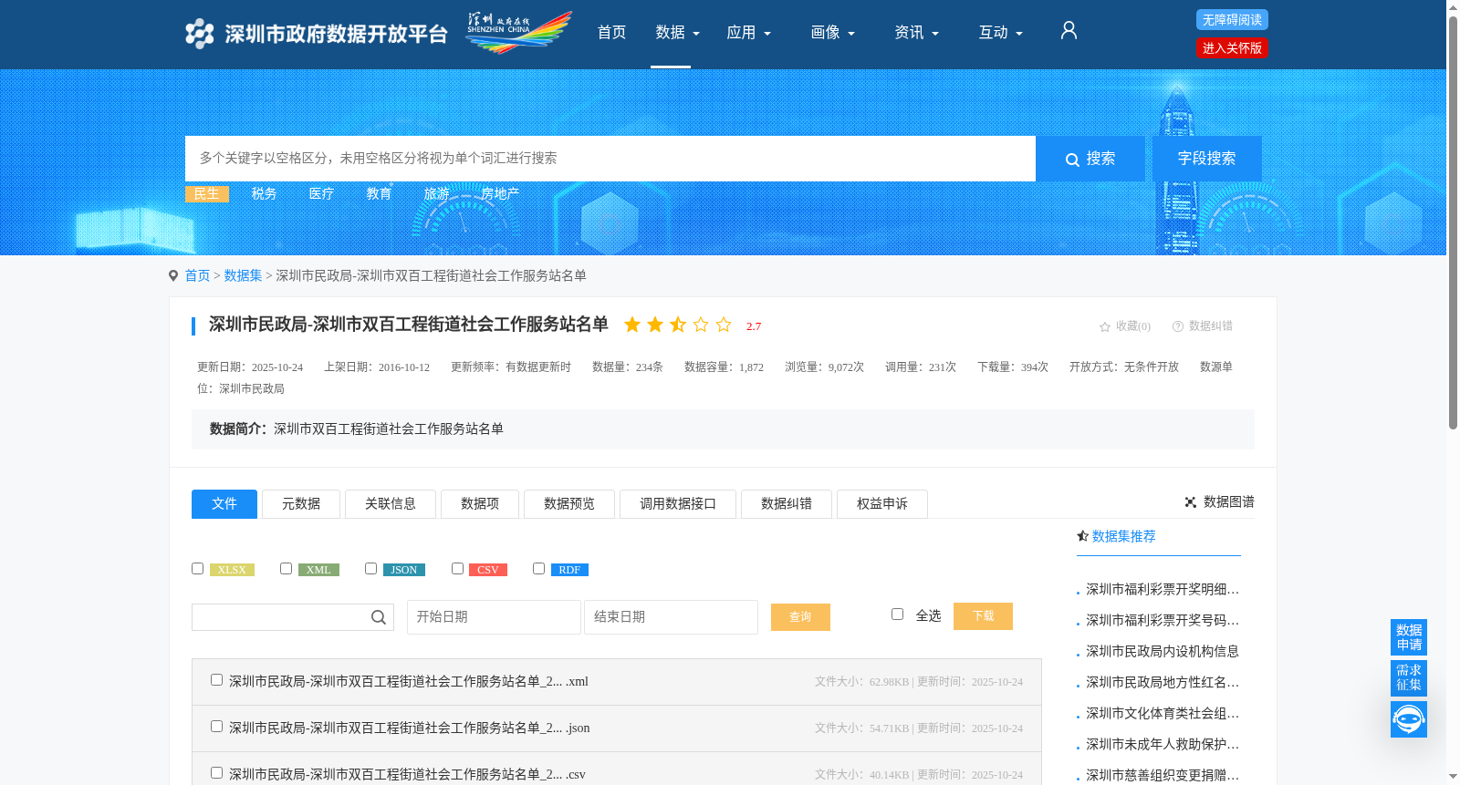 深圳市民政局-深圳市双百工程街道社会工作服务站名单 数据集图片