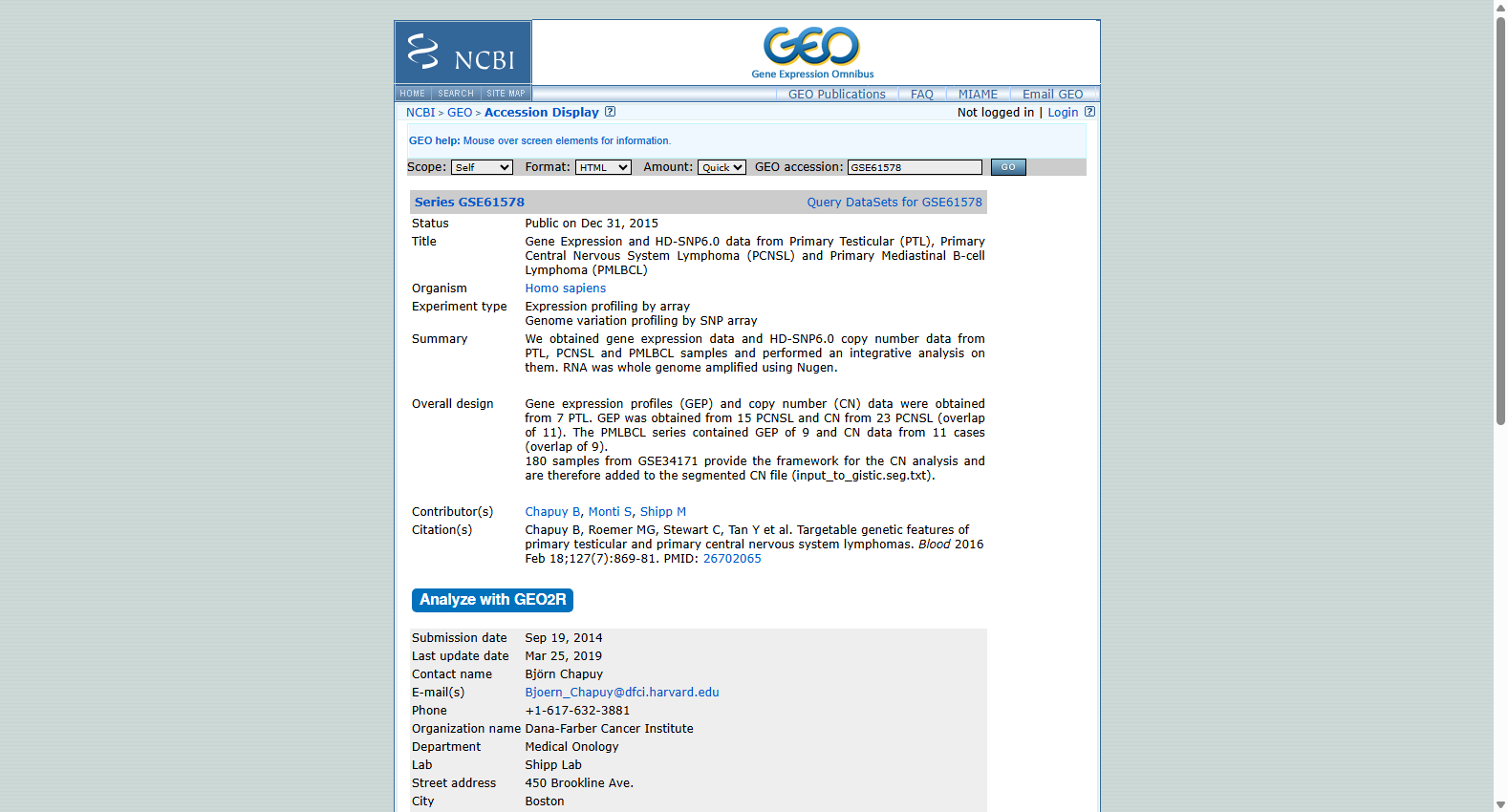 GSE61578 Gene Expression and HD-SNP6.0 data from PTL, PCNSL and PMLBCL