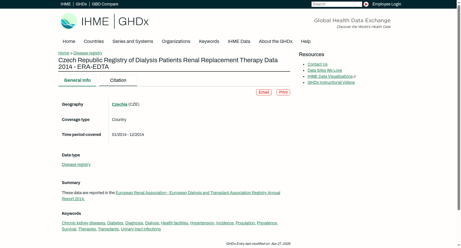 Czech Republic Registry of Dialysis Patients Renal Replacement Therapy Data 2014 - ERA-EDTA 数据集图片