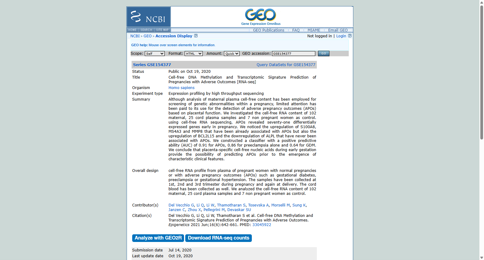 GSE154377 Gestational diabetes cell-free RNA-seq