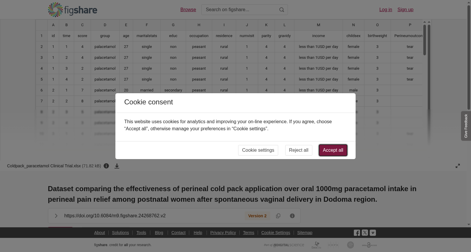 <b>Dataset comparing the effectiveness of perineal cold pack application over oral 1000mg paracetamol intake in perineal pain relief among postnatal women after spontaneous vaginal delivery in Dodoma region.</b> 数据集图片