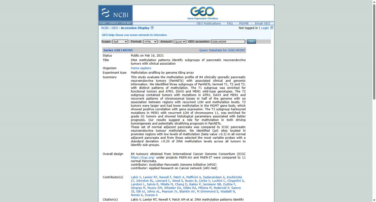 GSE149395 DNA Methylation Profile of PanNETs
